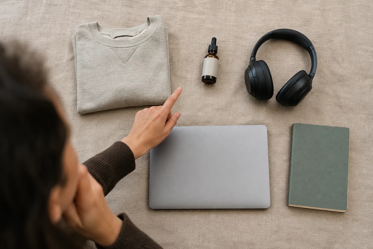 A flat lay of things you could sell - a product, a service, a digital file