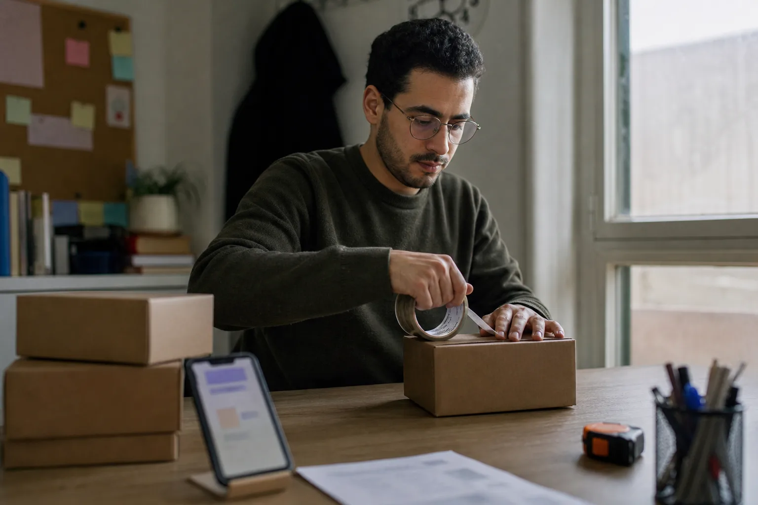 A person packing an order at a small home desk