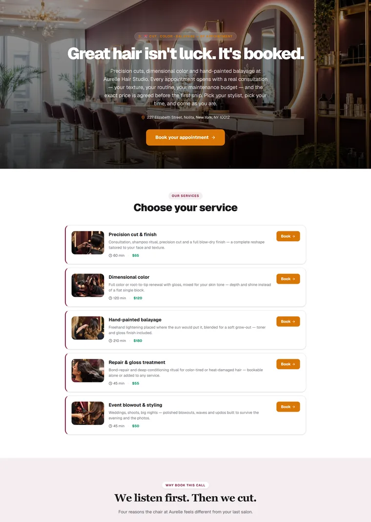 Modern Hair Salon — Bookings landing page built with PageStrike