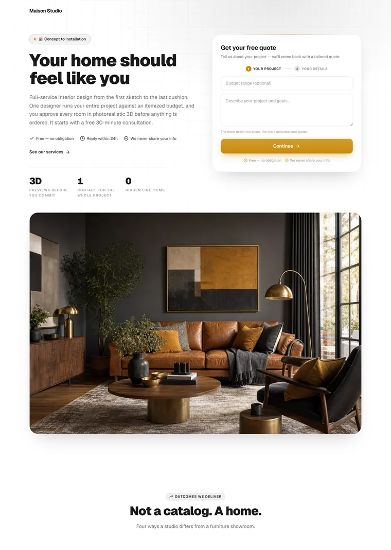 Interior Design Studio — Request a quote landing page built with PageStrike