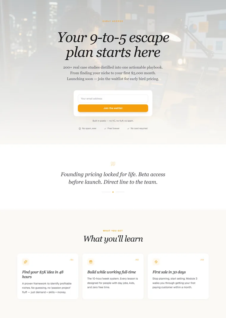 Side Hustle Masterclass — Collect emails landing page built with PageStrike