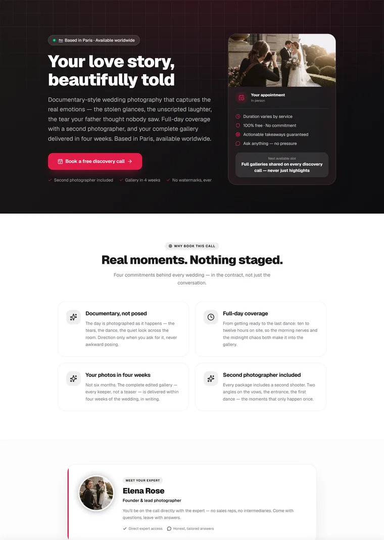 Wedding Photographer — Bookings landing page built with PageStrike