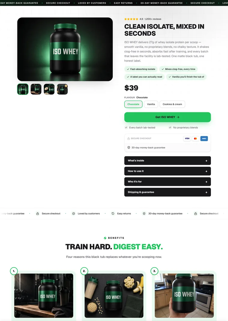 Whey Protein Isolate — Sell a product landing page built with PageStrike